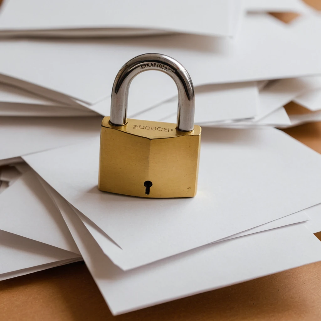 An image of a padlock on a stack of paper, depicting encrypted documents.