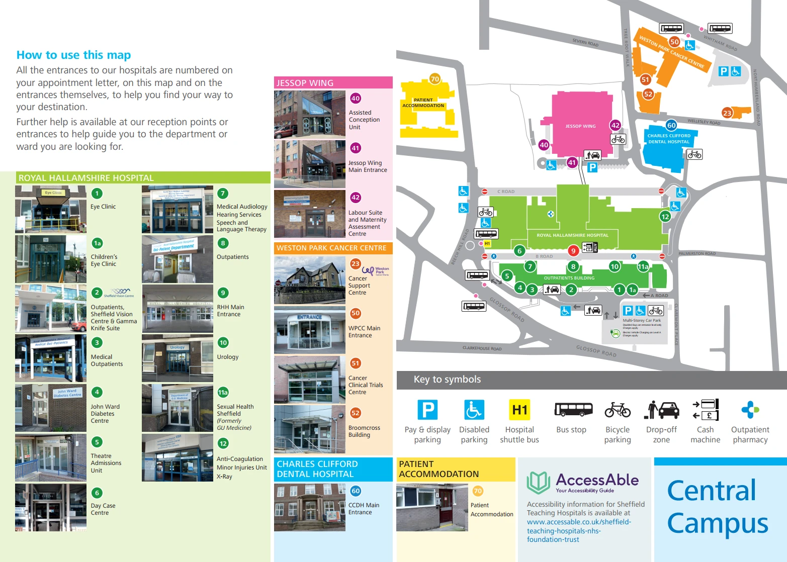 A map of the Royal Hallamshire Hospital, including the Jessop Wing, Charles Clifford Dental Hospital, and Patient Accommodation